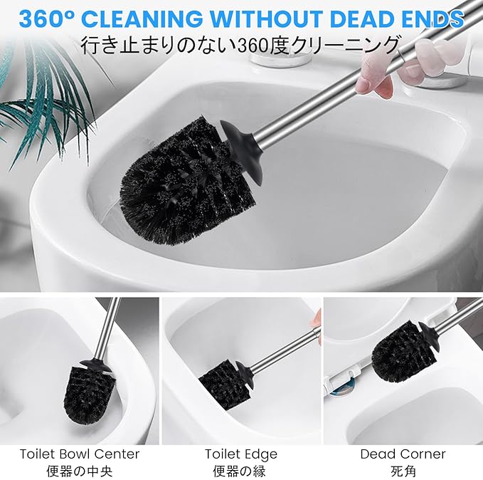 Stainless Steel Toilet Brush and Holder Toilet Brush and Cases Bathroom Bowl Cleaning Brush Double Layer Holder Long Brush Handle High Density Bristles Silver