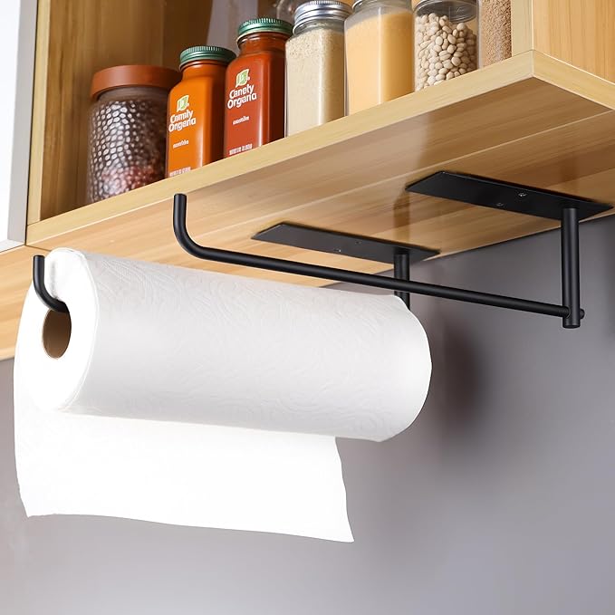 SUNTECH 2 Pack Paper Towel Holder Under Cabinet, Adhesive or Drilling Paper Towel Holder Wall Mounted, Stainless Steel Kitchen Towel Roll Holder for Bathroom, RV (Black)