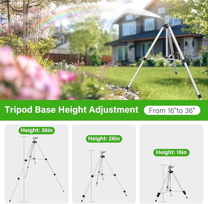 Heavy Duty Impact Sprinkler on Tripod Base,36 Inch Tripod Sprinkler with Brass Nozzle for Yard Large Area,Extra Tall 360 Degree Rotating,Waters Up to 80 Ft,Legs Extend Up to 36"