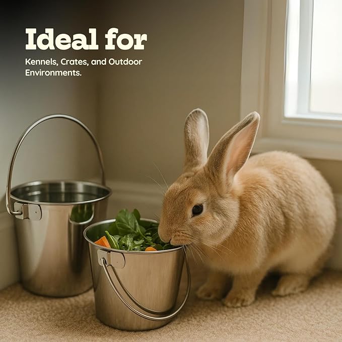 2 Quart Heavy Duty Stainless Steel Round Bucket with Handle | Fits kennel Cage Critter Crates Farm | Food & Water Pail for Small Pets Birds Dog Cat | Livestock Multipurpose use, Pack of 2