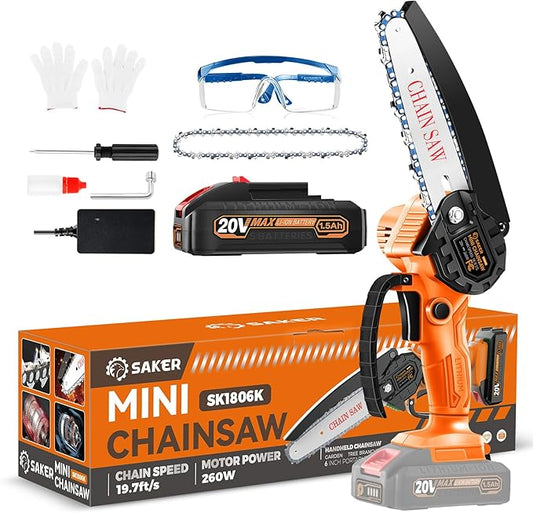 Saker Mini Chainsaw|6 Inch Chainsaws[2025 Upgraded]|Mini Cordless Electric Chain Saw|Small Handheld Portable Chain Saws Battery Powered Saws for Tree Trimmer and Garden,Valentine's Day Gifts