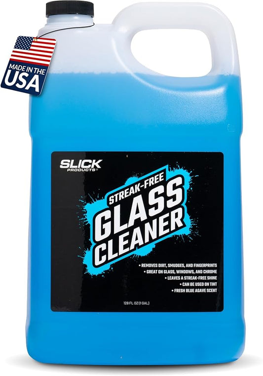 Slick Products Streak-Free Glass Cleaner – Ammonia-Free Window, Mirror, Chrome & Tint Cleaner – Removes Dirt, Smudges & Fingerprints – Ready-to-Use – 128 oz.