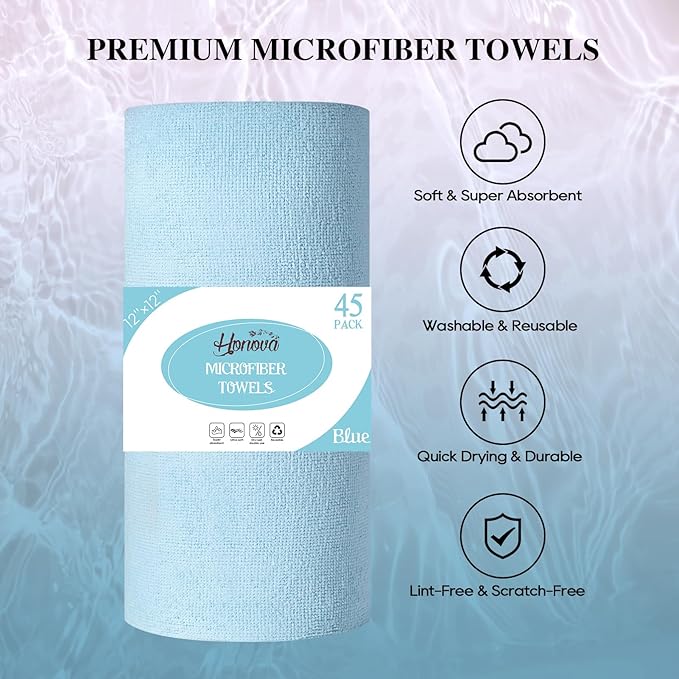 HONOVA Microfiber Cleaning Cloth Roll 45 Pack, 12" x 12" Washable Paper Towels, Tear Away Microfiber Towels Roll,All-Purpose Washable Cleaning Rags for Kitchen, Window, Garage Shop(Blue)
