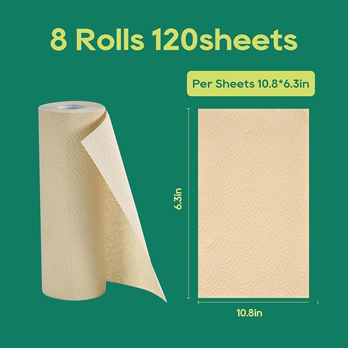 ECOlipak Paper Towels - 8 Rolls, 2 Ply 120 Sheets- Plastic Free, Tree Free, Compostable, Disposable Kitchen Paper Towels, Soft and Absorbent, PFAS Free, Nature