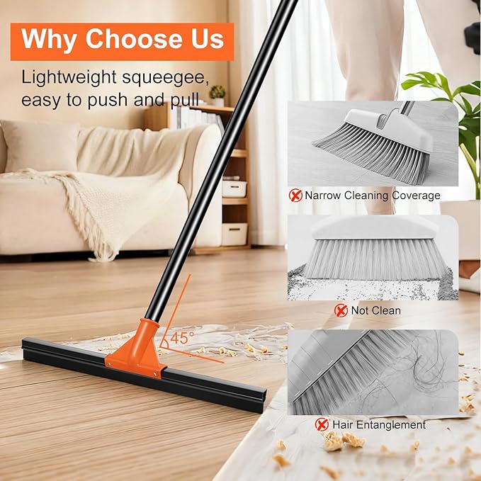 Heavy Duty Floor Squeegee for Concrete Tile Cleaning, 24" Rubber Wiper Squeegee Broom with Long Handle, Commercial Scrubber Mop for Garage Deck Bathroom Kitchen Pool Glass