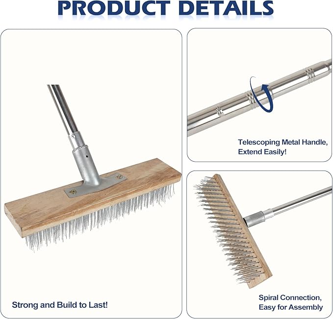 Floor Scrub Brush, Deck Brushes for Scrubbing Heavy Duty, Concrete Scrubber Outdoor Broom, Metal Wire Pool Brush Stainless Steel, Garage Patio Gunite Tile Algae Moss Cleaning Tool Long Handle