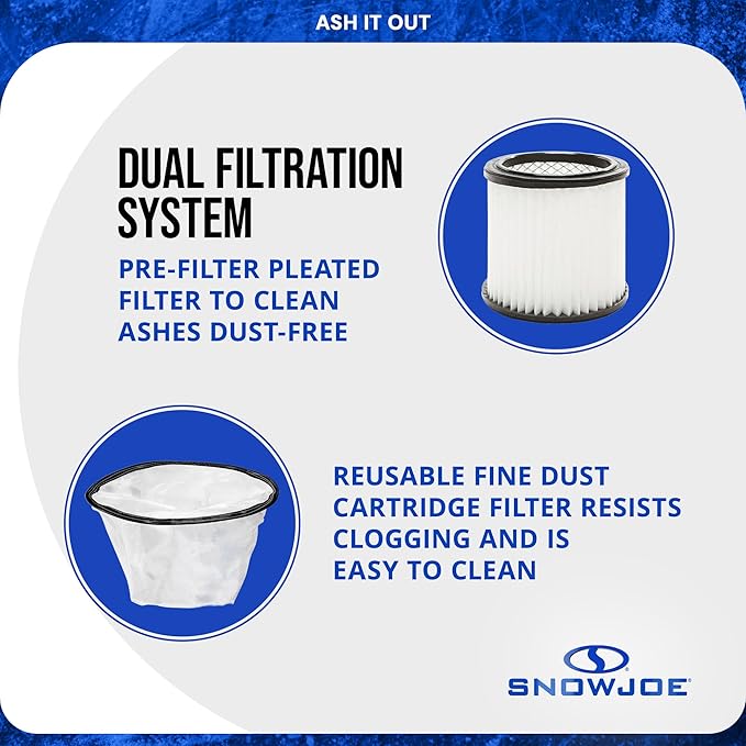 Snow Joe Bagless Ash Vacuum Cleaner Machine, Metal Canister with Hose and Filter, 4.8 Gallon, 5-Amp Motor - Vacuuming and Cleaning Equipment for Home, Garage and Outdoor Spaces, ASHJ202E