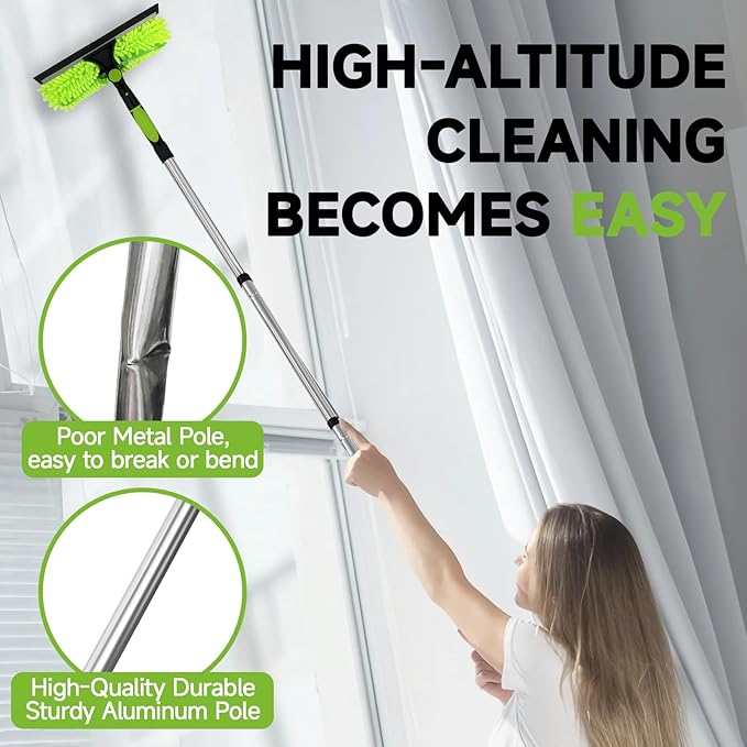 67'' Window Squeegee Cleaner Tool with Extension Pole, 2-in-1 Squeegee for Window Cleaning Kit with Scrubber and Rotating Head, 2 Blade 2 Scrubber for Indoor & Outdoor High Windows