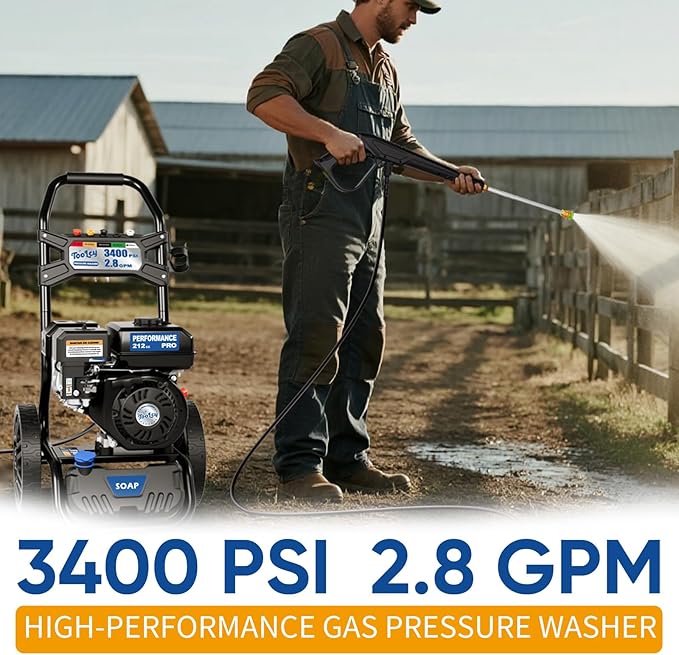 TOOLCY 3400 PSI Gas Pressure Washer, High-Performance 212cc OHV Engine, Reinforced Pump. Onboard Soap Tank, 30FT Hose, Spray Gun & 5 Nozzles, Max 2.8 GPM, Cars Homes Patios Fences Driveways