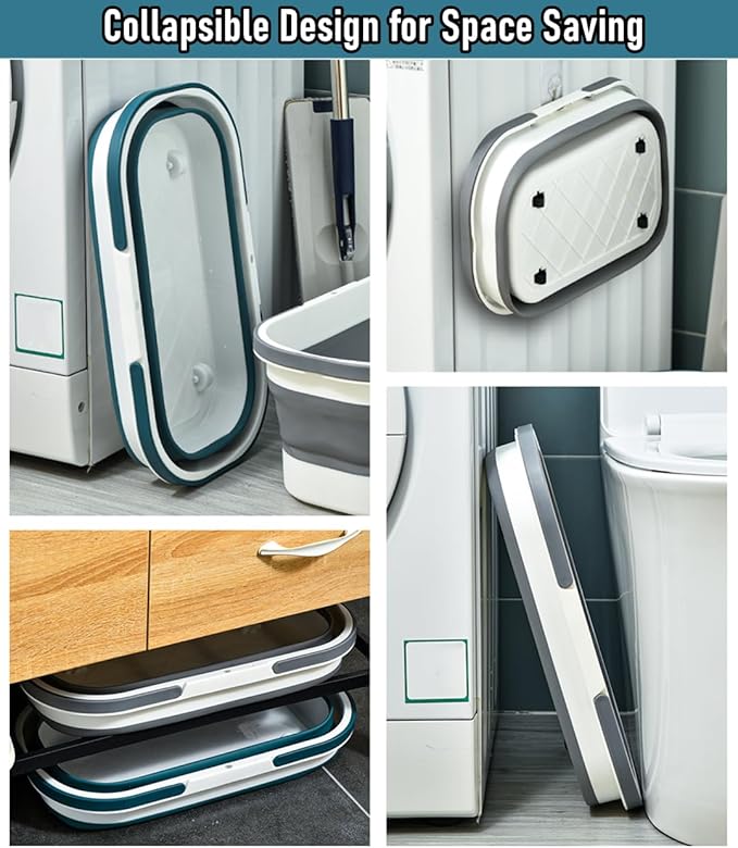 Collapsible Mop Bucket Basin Tub with Handle and Wheels, 12L (3.2 Gallon) Foldable Small Plastic Container for Household Cleaning, Car Washing, Portable Basket Bin Tool for Storage Organizer, Grey