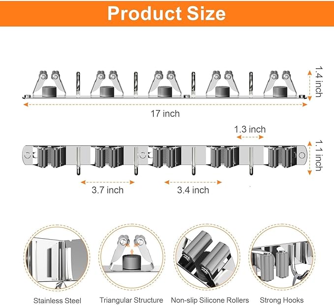 Broom and Mop Organizer Wall Hanging, Upgraded Mop and Broom Holder Wall Mount, Stainless Steel Broom Hanger Wall Mount for Laundry Room Organization and Storage（5 Racks with 4 Hooks）