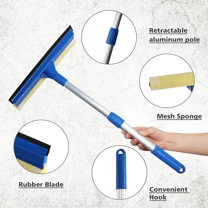 Professional Window Squeegee,2 in 1 Squeegee Window Cleaner with Long Stainless Steel Handle,Sponge Car Window Squeegee for Gas Station, Glass,Shower,Outdoor High Window Cleaning (Expansion Payment)