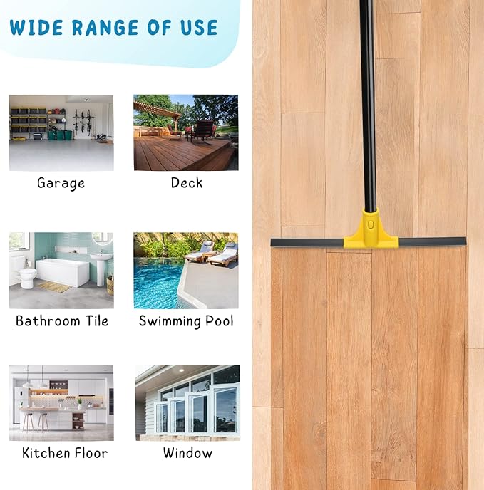 Squeegee Broom for Floor, 18'' Heavy Duty Rubber Wiper with 60'' Long Handle for Bathroom Tile, Garage Concrete, Deck, Shower Glass, Window Cleaning