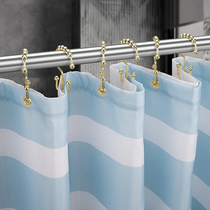 Titanker Gold Shower Curtain Hooks Rings, Rust-Resistant Metal Double Glide Shower Hooks Rings for Bathroom Shower Curtains Rods, Set of 12 Hooks - Light Gold