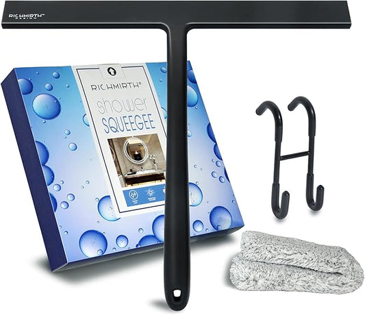 12 Inch Silicone Shower Squeegee for Glass Doors with Hook – Streak-Free Window Cleaner for Bathroom, Mirror, Tile & Car, No Scratch Squeegee with Metal Core (Black)