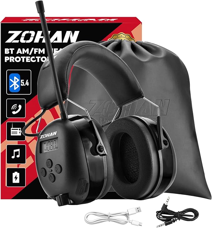 ZOHAN 033 Bluetooth AM/FM Radio Headphones with 2000mAh Rechargeable Battery,25dB NRR Noise Reduction Safety Earmuffs