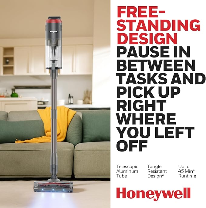 Honeywell Dual Mode Cordless Vacuum Cleaner, Brushless Stick Vacuum Cleaner for Carpet and Hard Floor w/Powerful Suction, Free‑Standing, Anti‑Tangle, 45Mins Runtime, Rechargeable for Home Pet Hair VC6