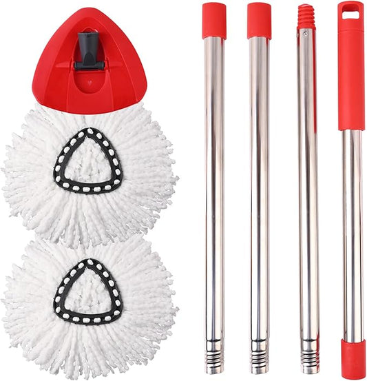 Mop Replacement Heads, Handle, Base Compatible with O Cedar EasyWring 1-Tank Spin Mop System, 2 Microfiber Mop Head Refills, 4-Section Iron Handle 30-58in and 1 Spin Base Cover Set