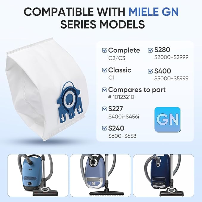 Replacement GN Vacuum Cleaner Bags Compatible with Miele Classic C1,Complete C2, Complete C3, S227/S240, S270,S400,S2,S5,S8 Series Canister Vacuum Cleaner (6 Pack Dust Bags + 2 Set Filters)