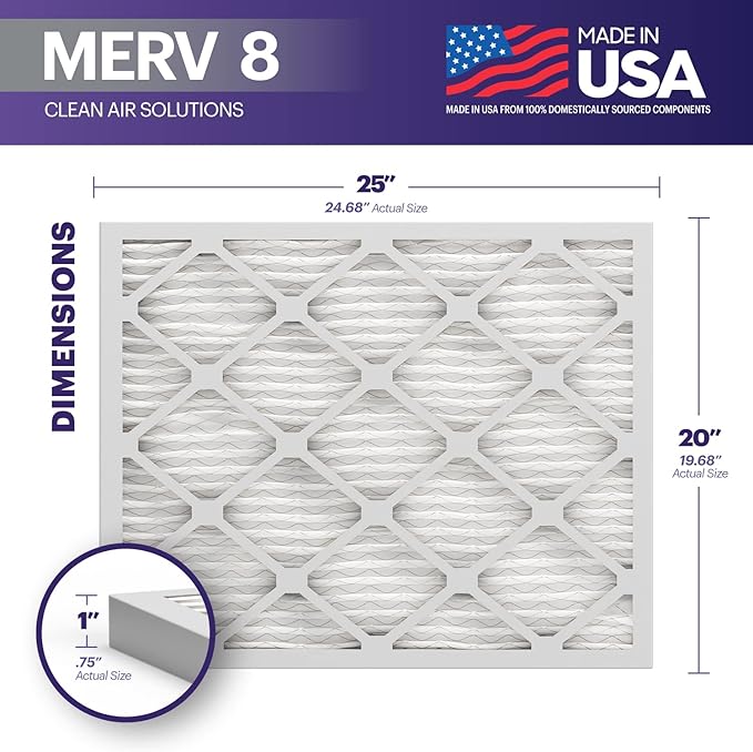 BNX 20x25x1 MERV 8 Air Filter 2 Pack - MADE IN USA - Electrostatic Pleated Air Conditioner HVAC AC Furnace Filters - Removes Dust, Mold, Pollen, Lint