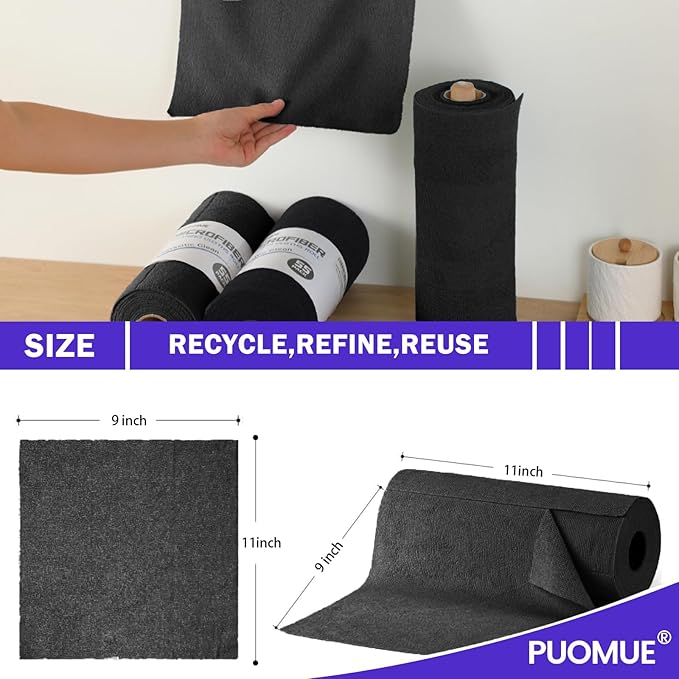 55 Pack Microfiber Cleaning Cloth Roll, Tear Away Reusable Towels, 11" X 9", Ultra Absorbent & Lint Free Microfiber Cloth for Cleaning Cars, Kitchen, Window, Home and Shop, Black