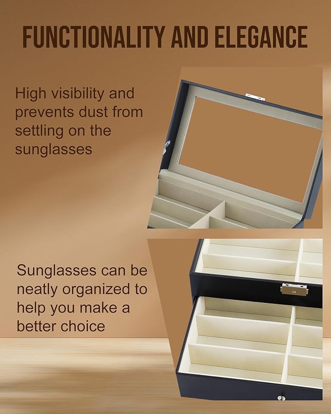 12 Slot Sunglasses Organizer, Lockable Leather Multi Eyeglasses Organizer with Drawers, Eyeglass Frames with Clear Glass Covers for Watch Jewelry Collection, Black