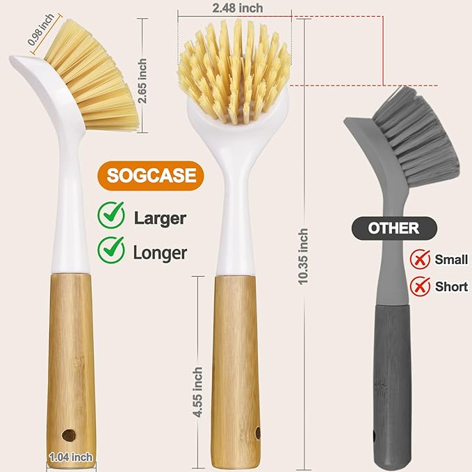 Dish Brush Set with Bamboo Handle, Kitchen Brushes for Cleaning Pot, Sink and Stove, Skillet Scrubber with Tough Bristles for Cast Iron Grill Pan, 2 Pack