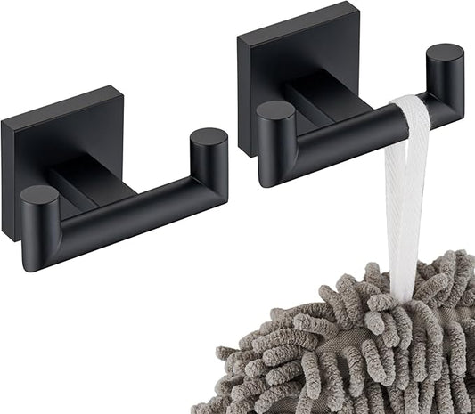 KOKOSIRI Robe Hook Bathroom Double Towel Coat Hooks Matte Black for Bath Kitchen Wall Mounted, 2 Pack Stainless Steel B1015BK-P2