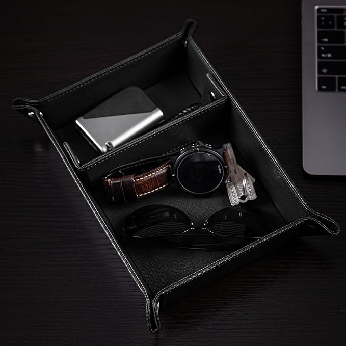 BONNY DODO Valet Tray for Men PU Leather Tray Organizer with Partition, Storage Keys, Watch & Practical Storage for Table Nightstand Living Room Bedroom (Black)