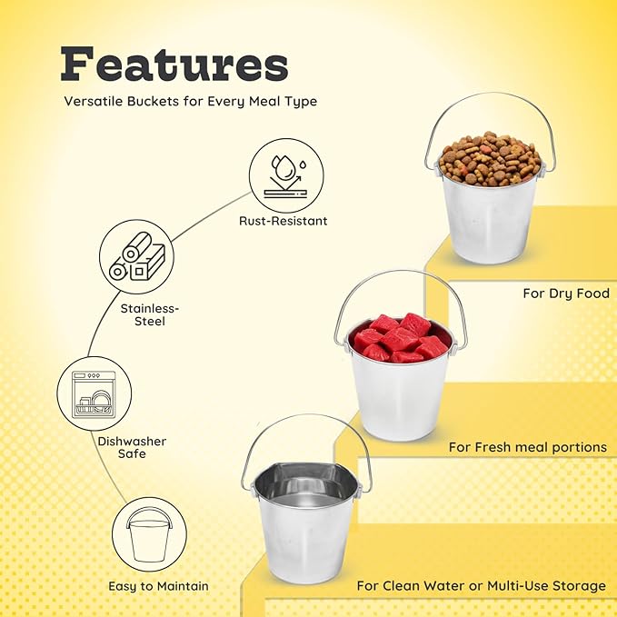 6 Quart Stainless Steel Flat Side Bucket | Durable Heavy Duty Food & Water Feeding Pails for Dog Cat Goat Sheep | Fits kennels Cages Critter Crates Hanging Pet Pail | Multipurpose Buckets