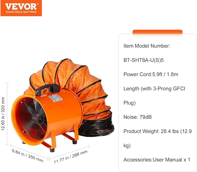 VEVOR Air Mover Blower Fan 8 Inch, 1070CFM 195W with 16.4ft Flexible Duct, Industrial Portable Ventilator Blower/Exhaust, Orange