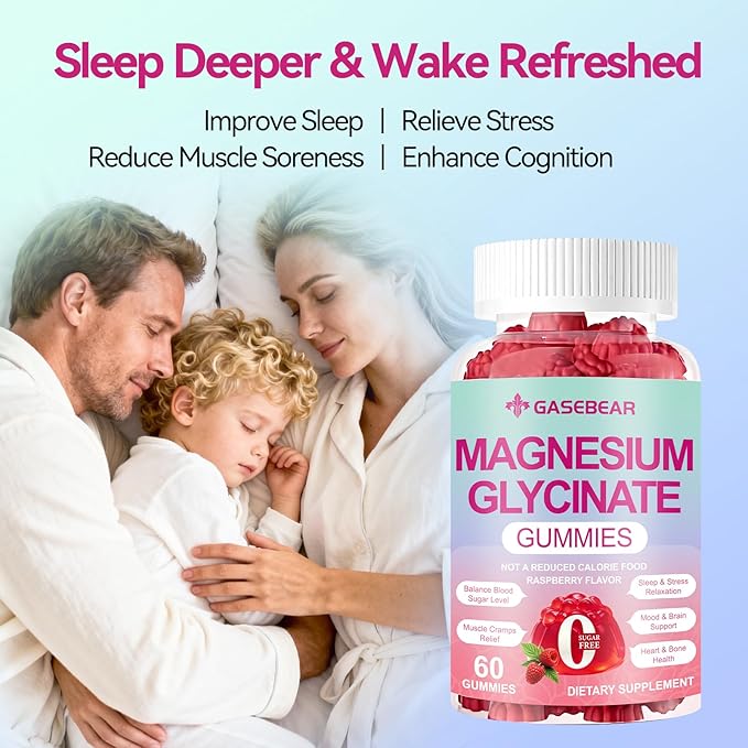 Magnesium Glycinate Gummies 400mg, Sugar Free Vegan Magnesium Supplement for Adults & Kids with L-threonate, B6, Tryptophan & Omega-3 for Sleep, Muscle & Calm Support, 60 Raspberry Chewables