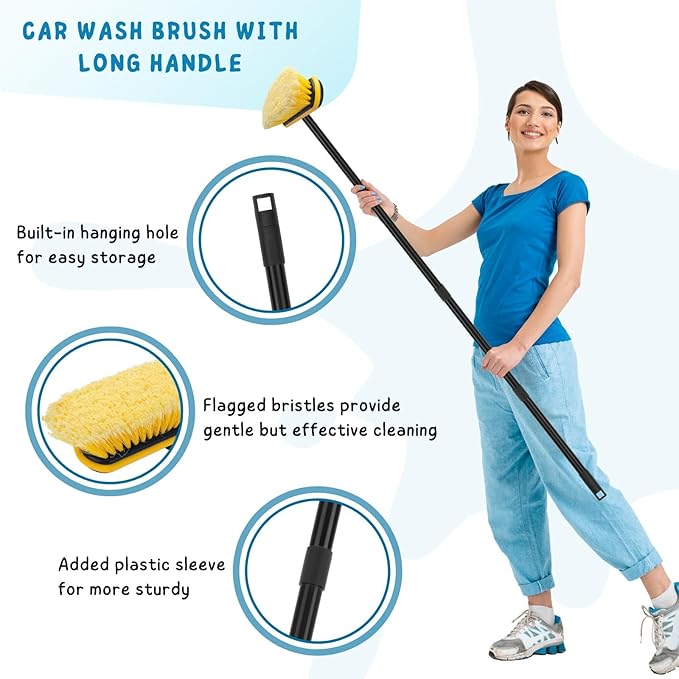 Car Wash Brush with Long Handle, 55'' Vehicles Exterior Washing Supplies, Soft Bristle Scrub Broom for Solar Panel, Boat, RV, Truck, Deck Cleaning, 2 Wax Applicator Pads Included