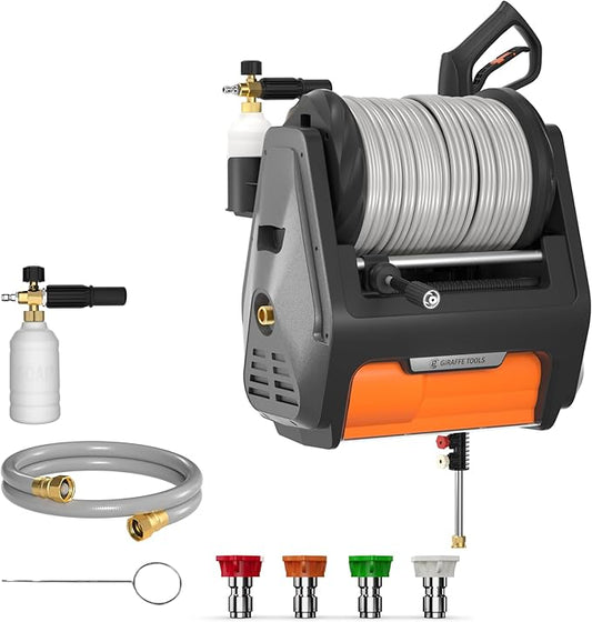 Giraffe Tools Wall Mounted Pressure Washer Pro with Upgraded 1800W Motor, Max 2900 PSI, 2.2 GPM Electric Power Washer with 100ft Retractable Pressure Hose, Automatic Rewind