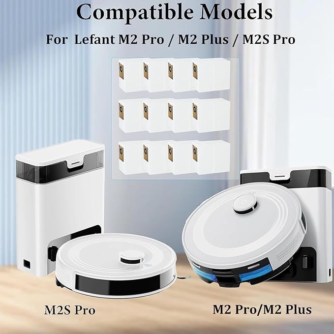 12 Pack Replacement Dust Bags Compatible with Lefant M2 Plus / M2 Pro / M2S Pro Robot Vacuum Cleaner, Large Capacity Dirt Disposable Vacuum Bags