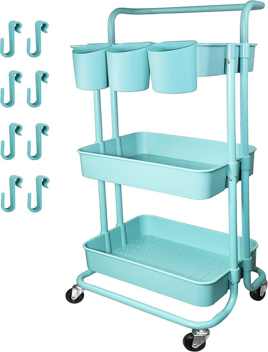 3 Tier Utility Rolling Cart Multifunction Organizer Shelf Storage Cart with 3 Piece Cups and 8 Piece Hooks for Home Kitchen Bathroom Laundry Room Office Store etc. (Blue)