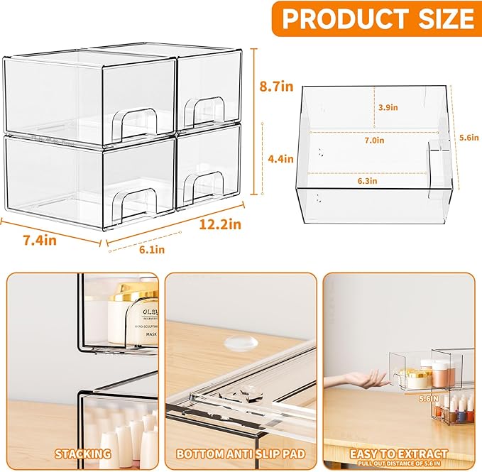 Yieach 4 Pack Clear Stackable Storage Drawers,4.4'' Tall Acrylic Drawer Containers for Organizing,Bathroom Organizers and Storage Bin Box,Plastic Makeup,Medicine Organizer Bins for Cabinet,Undersink