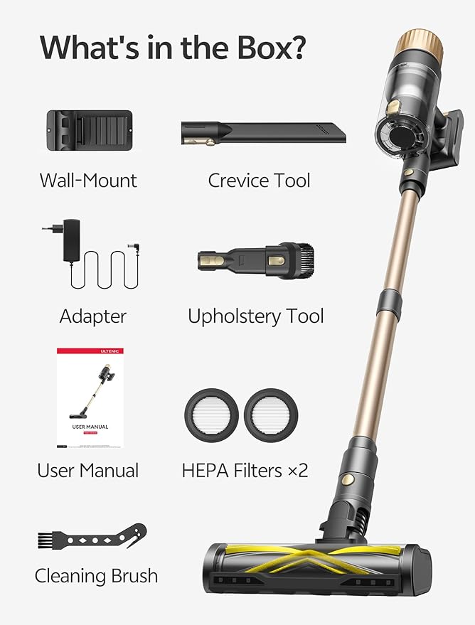 Ultenic Cordless Vacuum Cleaner, 600W 60KPA 65mins Vacuum Cleaners for Home, Cordless Stick Vacuum with Green Light, Self-Standing & 180° Lay-Flat, Anti-Tangled Brush for Floor/Carpet/Pet Hair