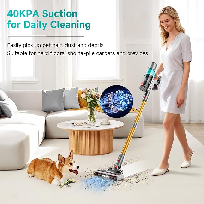 Cordless Vacuum Cleaner: Portable 6-in-1 Stick Vacuum with Anti-Tangle Brush, LED Headlight, Self-Standing, HD display, Rechargeable Vacuum for Pet Hair, Low-Pile Carpet and Hardwood Floor-Green