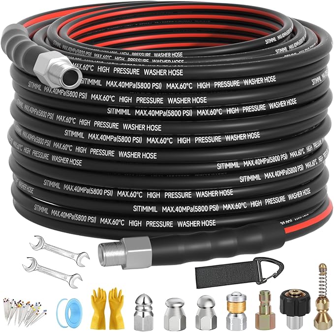 Sewer Jetter Kit for Pressure Washer 50FT, Drain Cleaner Hose 1/4 Inch NPT, NPT Corner Swivel and Push Button Nose Sewer Jet Nozzle Wrenches Gloves Waterproof Tape Pearl Brooch,5800PSI