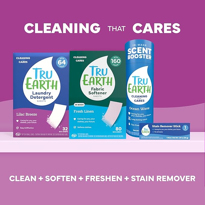 Tru Earth Compact Dry Laundry Detergent - Up to 64 Loads (32 Sheets) - Paraben-Free - Original Eco-Strip Liquidless Detergent, Travel Sheets - Lilac Breeze | Packaging May Vary