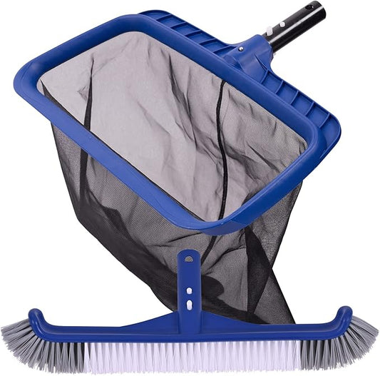 Fine Mesh Pool Net & Brush Head Combo - Sturdy Skimmer with 17.5" Professional Brushes for Pool Wall Cleaning