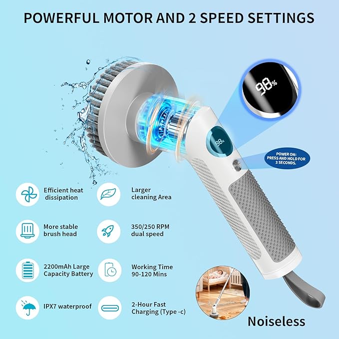 Electric Spin Scrubber, Cordless 20W High-Torque IPX7 Waterproof Cleaning Brush with LED Battery Display, 2-Speed &6 Replaceable Heads & Extendable Long Handle for Bathroom Kitchen Car