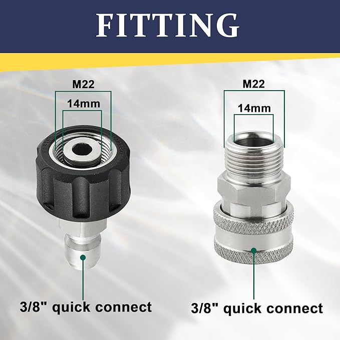 Pressure Washer Quick Connect Kit, M22 14mm to 3/8” Quick Connect for Pressure Washer Hose, Stainless Steel