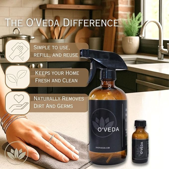 O'VEDA Starter Kit – Multi-Purpose Cleaning Bundle with 1 Concentrate & 1 Spritzer Refill Bottle (30ml each), 16oz Spray Bottle & Cleaning Cloth – All-Purpose Cleaner for Kitchen, Floors & More