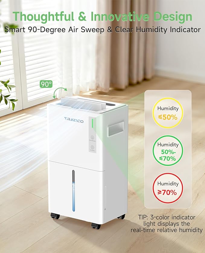 1500 Sq.ft Dehumidifier for Basement, Trazico 21 Pint Quiet Dehumidifiers for Home with Drain Hose, Smart Humidity Control, 3 Modes, 24H Timer, Auto Defrost, for Large Room, Bedroom, and Bathroom