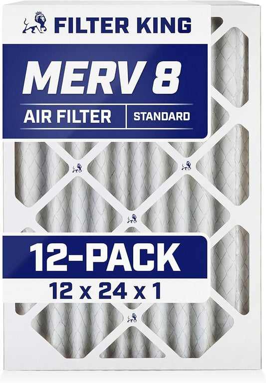Filter King 12x24x1 Air Filter | 12-PACK | MERV 8 HVAC Pleated A/C Furnace Filters | MADE IN USA | Actual Size: 11.5 x 23.5 x .75"