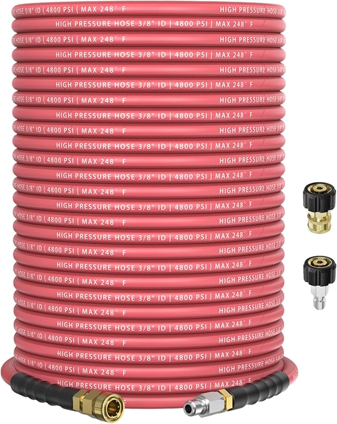 3/8" 4800PSI Pressure Washer Hose 150FT with 360° Swivel Quick Connect, Flexible & Kink Resistant Steel Wire Braided & Durable for Hot/Cold Water, High Power Washer Hose With M22 14mm Adapter