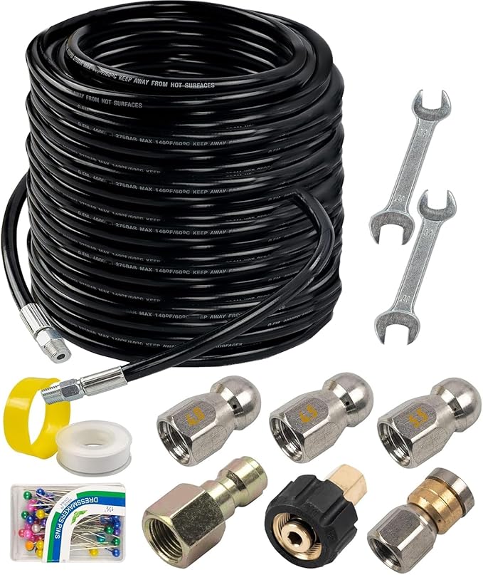 Hourleey Sewer Jetter Kit for Pressure Washer 150FT, Drain Cleaner Hose 1/4 Inch NPT, Orifice 4.0 Button Nose and Rotating Sewer Jetting Nozzle Spanner Tape Pearl Corsage Pin, 4000 PSI