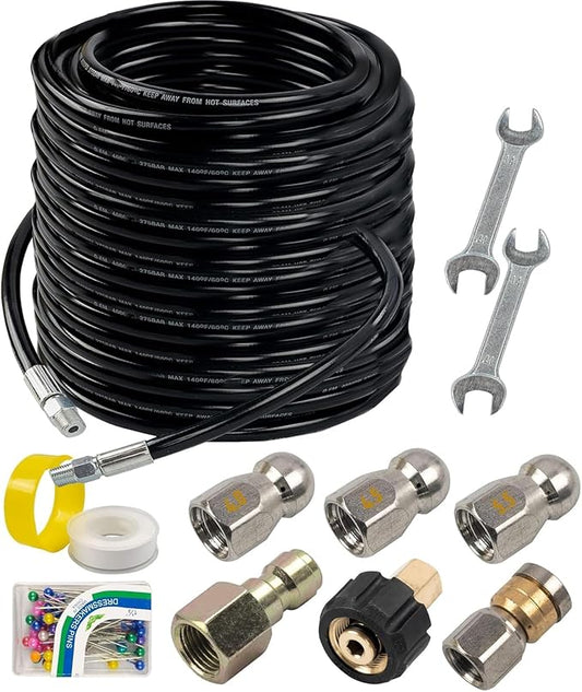 Hourleey Sewer Jetter Kit for Pressure Washer 150FT, Drain Cleaner Hose 1/4 Inch NPT, Orifice 4.0 Button Nose and Rotating Sewer Jetting Nozzle Spanner Tape Pearl Corsage Pin, 4000 PSI